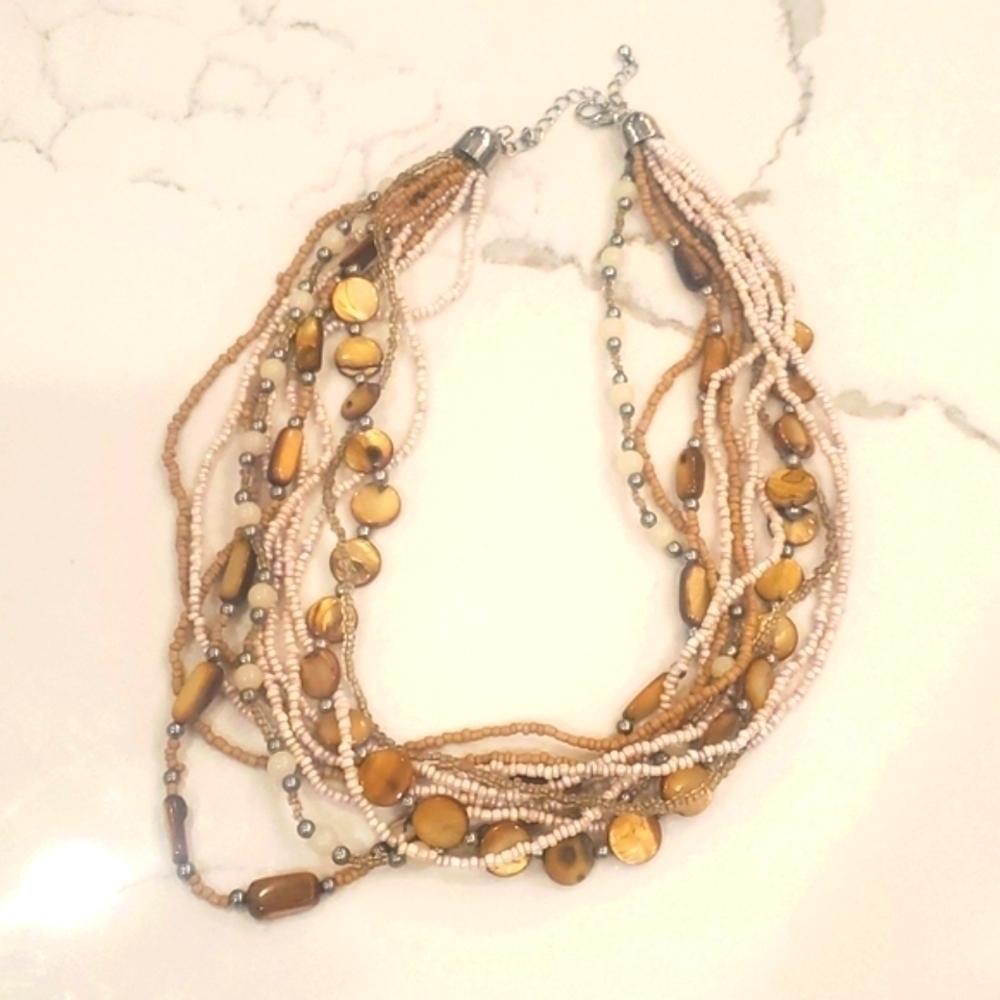 8-Strand Boho Statement Necklace | Seed Beads Stones Lucite | Brown Tan Gold